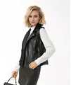Stylish women's sleeveless black PU leather lapel vest with side zipper pocket details - S / Top (658 Waistcoat) / Black