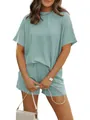 Casual mint green ribbed two-piece set featuring striped short sleeve tee and matching shorts - S / Top And Bottom / Lake Blue