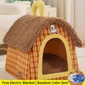 Warm plaid house-shaped winter pet bed for small dogs with plush roof and soft mat - Warm Coffee Check Villa / Size L (With Electric Blanket)
