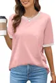 Detail of pink loose short sleeve T-shirt featuring a contrast ribbed crew neck design - Pink