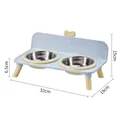 Elevated blue double pet bowl stand with stainless steel inserts and dimensions - Double Bowl / Stainless Steel Inner / Blue