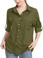 Elegante camisa de manga larga verde militar para mujer con cuello de solapa - S / Tops / Verde Militar