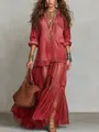 Bohemian vintage red maxi dress with lapel collar and pleated sheer skirt details - S / Dresses / Red