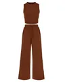 Two-piece brown ribbed knit set featuring a sleeveless tank top and wide-leg drawstring pants - Dark Brown