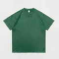 Distressed oversized heavy cotton T-shirt in washed green finish with ripped details. - Distressed Dark Green