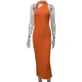 Sexy orange one-shoulder bodycon midi dress featuring a stylish halter neck design - S / Dresses / Orange Red