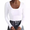 Detailed view of women's white ribbed long sleeve T-shirt with scoop neck fit. - White