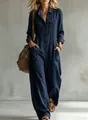 Casual navy blue linen utility jumpsuit with long sleeves and wide leg loose fit - S / Top And Bottom / Navy Blue