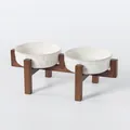 Elevated double ceramic pet bowls with paw print pattern and wooden stand - Medium Embossed Paw Bowls (Short) + Dual Acacia Wood Stand