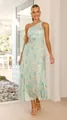 Elegant one-shoulder pleated floral maxi dress with waist cut-out detail for women - S / Dresses / Light Green
