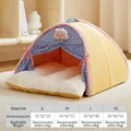 Semi-enclosed thickened pet tent dog house cat bed in cozy yellow and blue checkered style - S / Single Tent / Cream Plaid