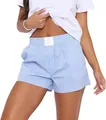 Close-up view of women's light blue striped pajama shorts with comfortable elastic waistband - XL / Bottoms / Blue Stripe