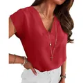 Elegant red women's V-neck short-sleeved blouse with refined textured fabric finish - S / Tops / Red