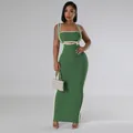 Two-piece green ribbed knit maxi dress set featuring a crop top and bodycon skirt. - 2XL / Top And Bottom / Green