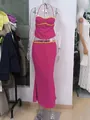 Fuchsia retro halter crop top and high waist long mermaid skirt set with yellow floral trim - S / Top And Bottom / Burgundy