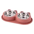 Frog shaped double pet bowl featuring stainless steel inserts and anti-slip pink base. - Small (With Stainless Steel Bowl Red) / S / Red