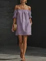 Elegant off-shoulder lavender cotton linen loose summer dress with functional side pockets - Purple
