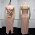 Detailed front and back views of a pink deep V-neck halter bohemian style vacation dress - XS / Dresses / Pink