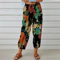 Vintage floral print cotton linen trousers for women with high waist and cuffed ankles. - S / Bottoms / Black