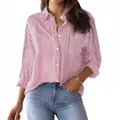 Chemise décontractée à manches longues rayée rouge et blanc pour femme avec col et poche - Rouge