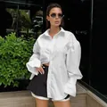 French style white cotton long-sleeved shirt with elegant puff sleeves for women - S / Tops / White