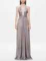 Elegant metallic silver halter maxi dress with deep V-neckline and draped details. - S / Dresses / Silver