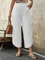 Women's casual white cotton linen drawstring cropped pants with side pockets and buttons. - S / White