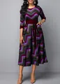 Elegant zigzag stripe print high waist swing dress with burgundy sash belt - Lotus root pink