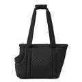 Portable black quilted pet carrier tote bag for small cats and dogs, stylish design - Black (QS-109)
