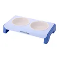 Modern ergonomic elevated double pet bowl set for cats and dogs in blue and cream finish - White Bowl Base (Blue)