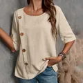 Vista dettagliata della blusa casual beige in cotone e lino con eleganti bottoni laterali - Kaki
