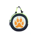 Compact round dog waste bag dispenser with orange paw print design on navy blue. - Paw Print Style / Navy Blue