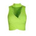 Detail view of neon green rib-knit crop top with criss-cross wrap and high neck - Bright Green