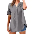 Casual grijs damesoverhemd met korte mouwen, opstaande kraag en knopen, minimalistisch. - S / Tops / Grijs