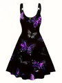 Détail d'une robe noire à bretelles avec des imprimés de papillons violets éclatants - S / Robes / Noir (Imprimé Papillon Violet)