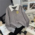 Vintage grey polka dot knitted cardigan featuring white lapel collar and musical note badge - One Size / Tops / Gray