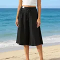 Casual black wide-leg beach culottes with elastic drawstring waist for summer comfort - Black