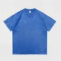 Loose distressed heavyweight cotton washed blue t-shirt with ripped details and round neck - Washed Blue