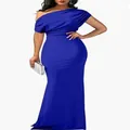 Elegant royal blue off-the-shoulder bodycon maxi dress for formal evening parties. - S / Dresses / Blue