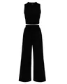 Detail of black two-piece knit set featuring a sleeveless crop top and wide-leg pants - S / Top And Bottom / Black