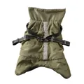 Back detail of warm padded dog winter vest with integrated leash harness straps - S / Green
