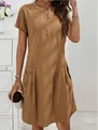 Detailed view of women's brown cotton linen dress with zipper neck and side pockets - Khaki