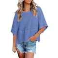 Relaxed fit blue summer top featuring round neck and half bell sleeves for women - Blue