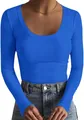 Women's slim fit ribbed long sleeve T-shirt in vibrant blue featuring a scoop neck - S / Tops / Blue