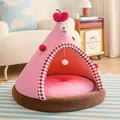 Cozy pink cone-shaped plush pet tent house with cute cherry top and checkered trim - S (38x38x35cm) / Morandi Pink with Blanket