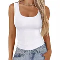 Women's slim fit white ribbed sleeveless tank top with scoop neck and stretch fit - S / Tops / White