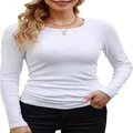 Dettaglio di maglietta bianca a maniche lunghe a coste da donna con scollo tondo classico - 2XL / Top / Bianco