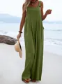 Casual green wide-leg jumpsuit styled with a straw hat on a scenic sunny beach day - S / Top And Bottom / Army Green