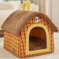 Cozy winter plush dog house with checkered pattern and free random color blanket included - Warm Coffee Check Villa / Size L (With Blanket)