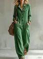 Casual loose green linen long sleeve wide leg utility jumpsuit for women vacation style - Green